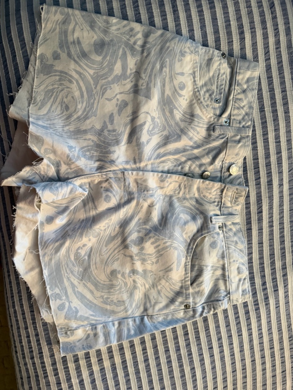 Zara Light Blue and White Marble-Print Denim Shorts